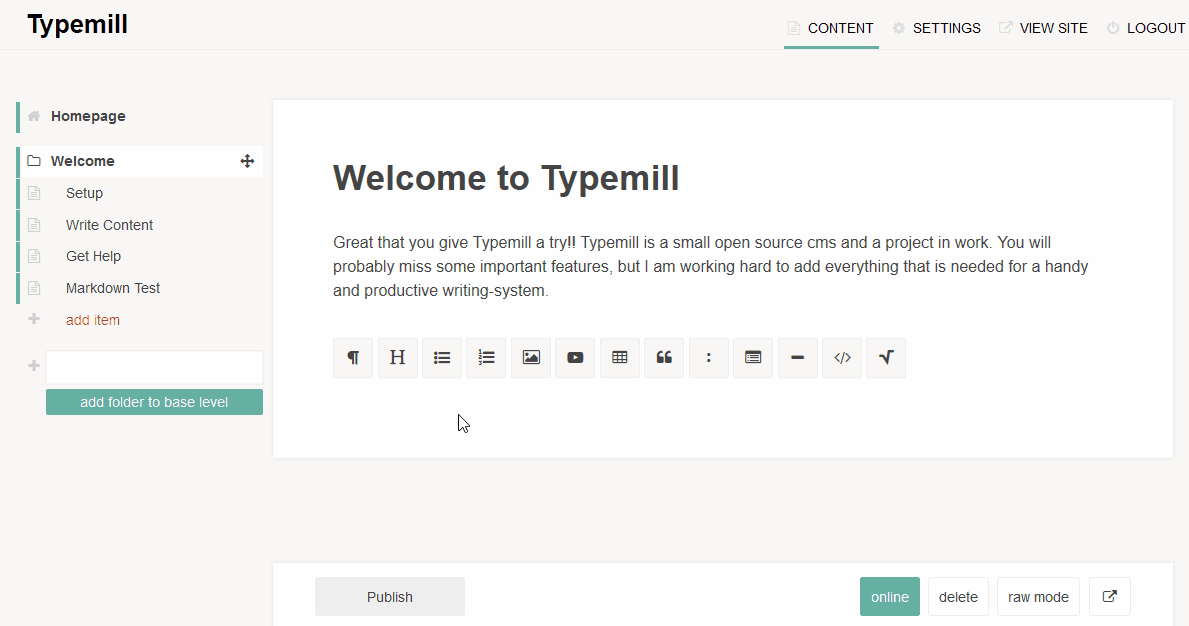 Demo Animation of the Typemill Editor