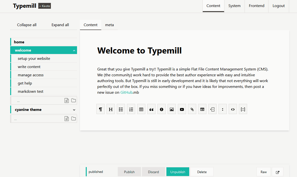 Typemill animiertes Gif vom Visual Editor